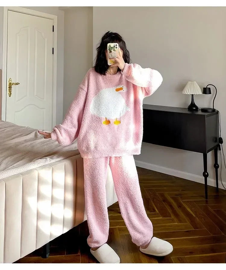 For Cute Flannel Velvet O-neck Women Clothes Pijamas Winter Home Clothing Comfortable Duck Fashion Pajamas Set Casual