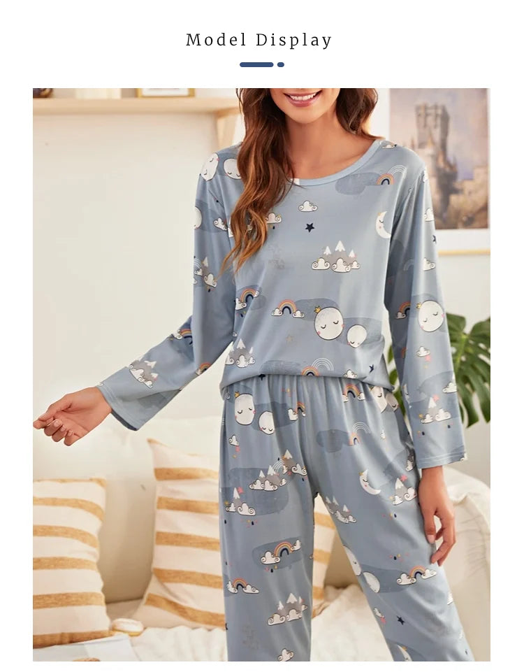 Autumn women's printed pure cotton sleepwear set with round neck long sleeved pants casual  comfortable two piece home suit set