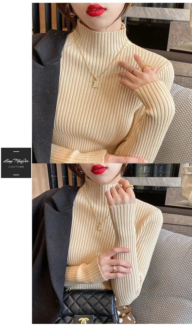 Autumn Winter Women Clasi Striped Solid Slim Y2k Turtleneck Sweater Pull Fashion Knitwears Pullovers Clothing Jumper Blouse