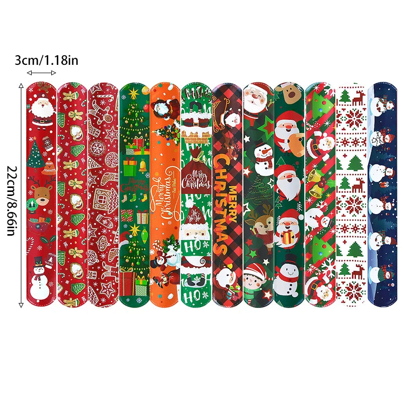 12Pcs Christmas Slap Bracelets Santa Claus Snowman Xmas Tree PVC Wristband Kids New Year Party Gifts For Guests 2025 Navidad