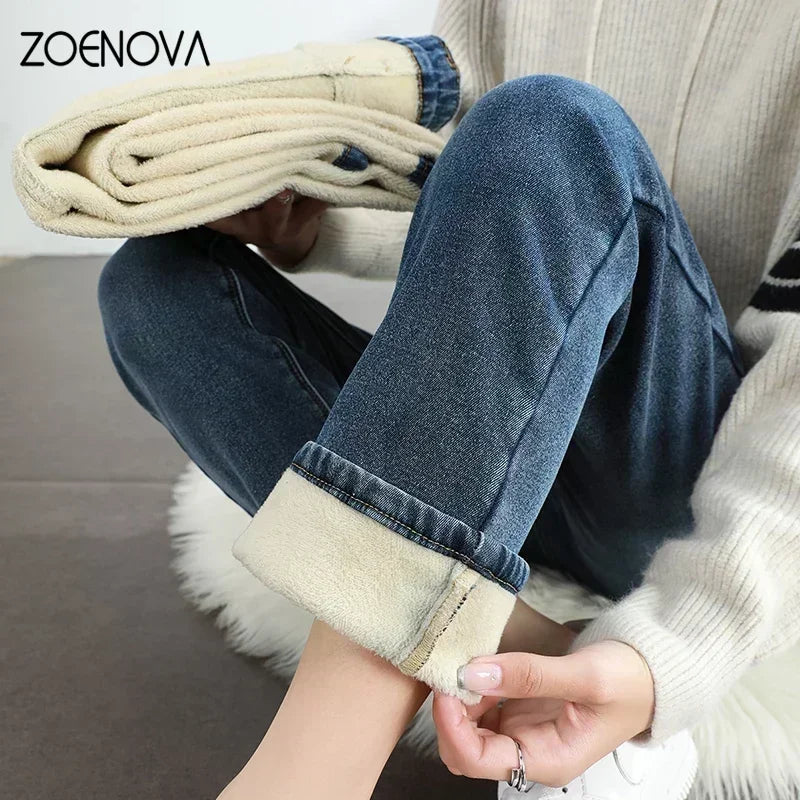 ZOENOVA Women's Winter Fleece Warm Jeans Retro Slim Straight Elastic Cotton Thickened Warm Denim Pants Fashion Female Clothing