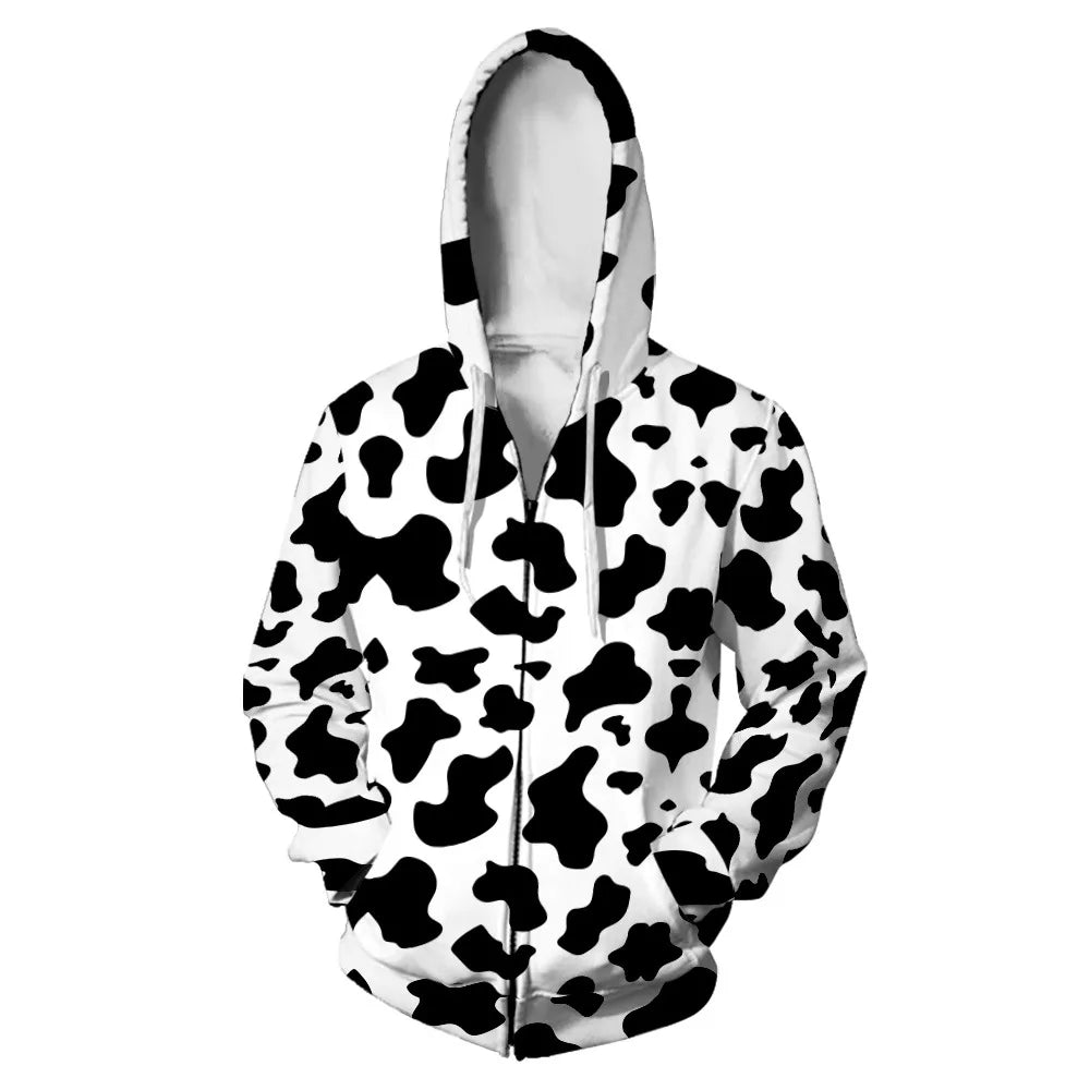 2025 Black White Cow Pattern Zip up Hoodies men women Hooded Sweatshirt Casual Oversized Fuuny Kids Jacket Coat Child Clothes