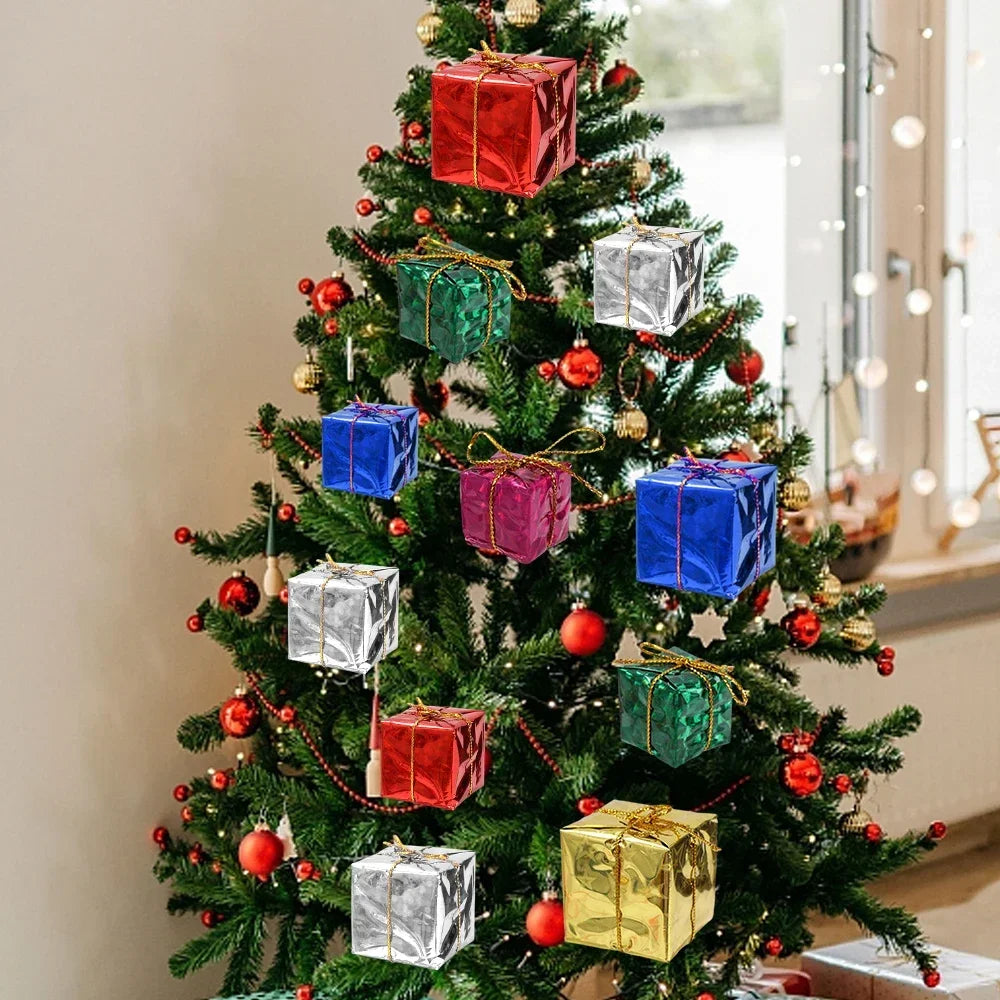 180-12PCS Mini Xmas Foam Gifts Boxes Ornaments  Xmas Tree Hanging Pendants Gift Boxes Christmas New Year Party Decors Wholesale