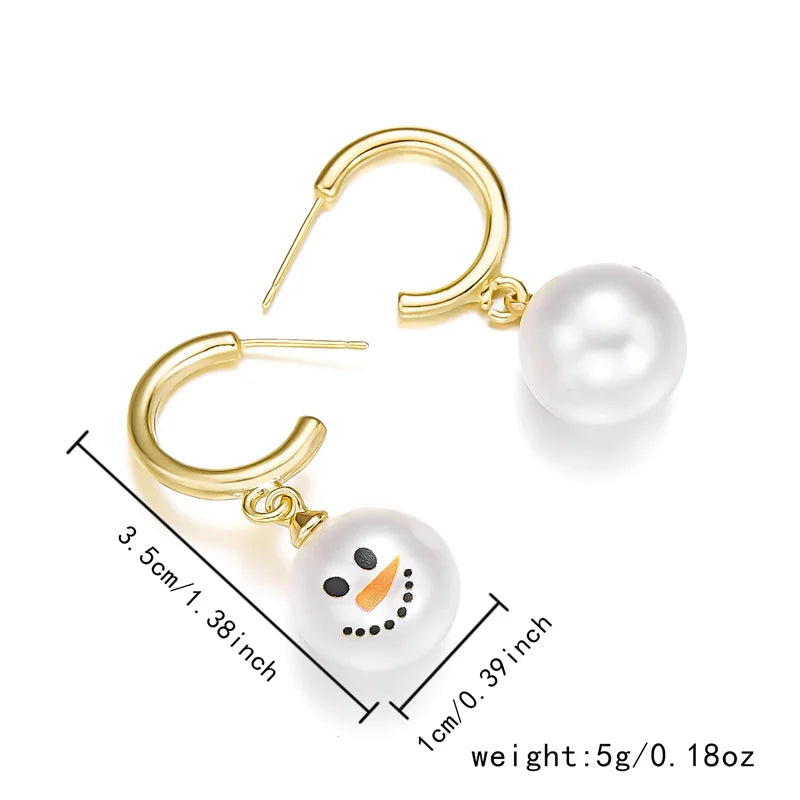 Fashion Christmas Snowman Snowflake Hoop Earrings For Women Pearl Crystal Piecring Cute Xmas Ear Jewelry New Year Gift