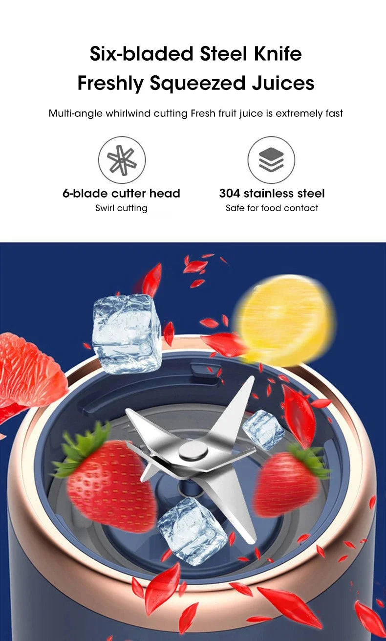 400ML Blue Portable Juicer Electric Juicer Cup USB Rechargeable Small Juicer with Stainless Steel Blade Mixer Ice Crusher