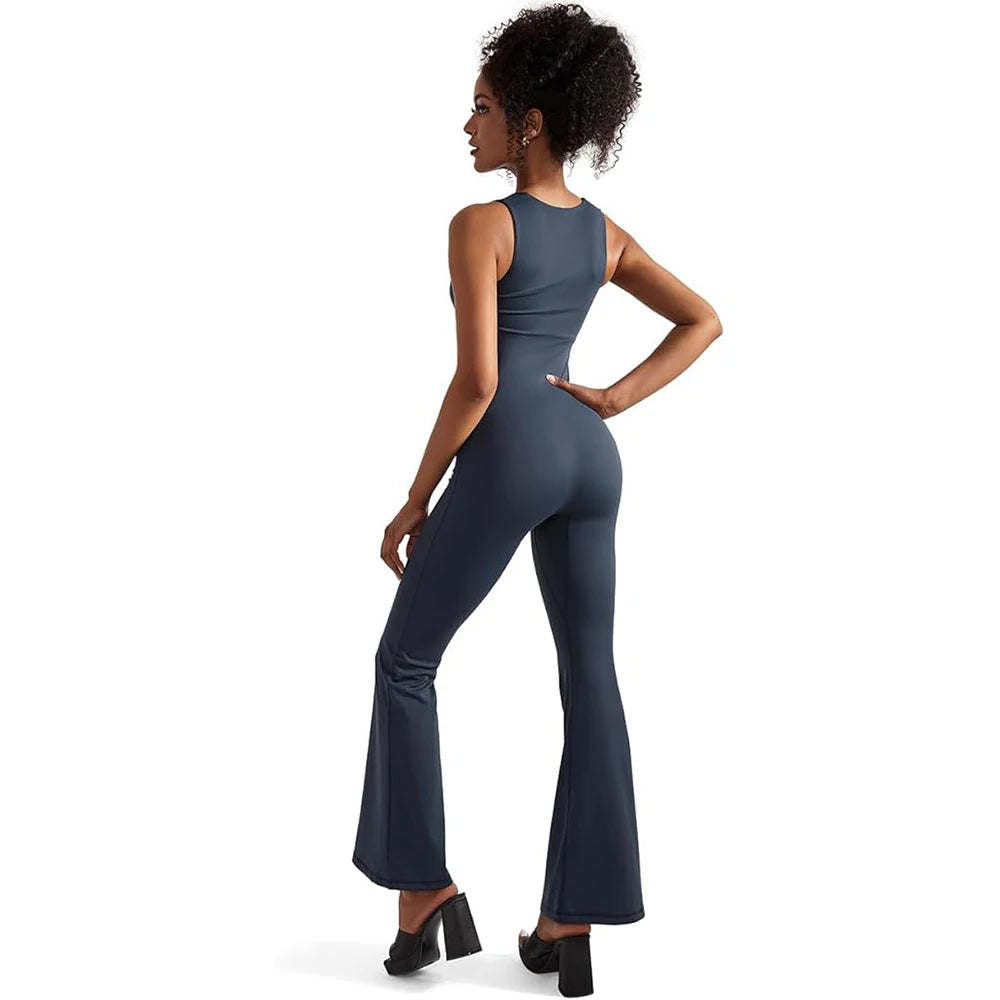 Women's Sleeveless Bodysuit Flared Pants  Square Neck Full Seasons Casual Fitness Playsuit Sleeveless  Streewear Jumpsuits  Lady