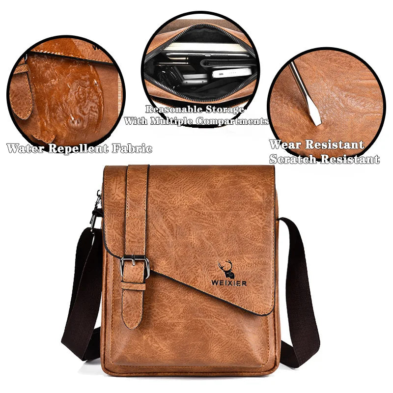 WEIXIER Men Retro Business Shoulder Bag New Fashion Brand PU Leather Handbag Versatile Travel Crossbody Tote Bags Toolkit 2024