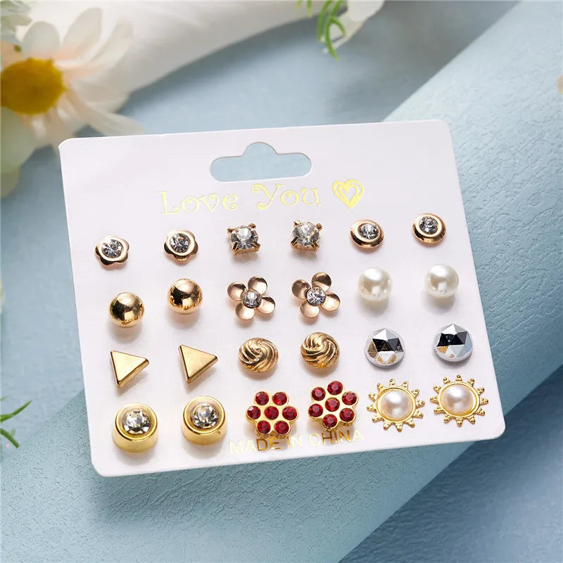 12 Pairs/Set Imitation Pearl Sun Star Flower Bow Heart Zircon Combination Paper Card Stud Earrings Set Fashion Geometric Earring