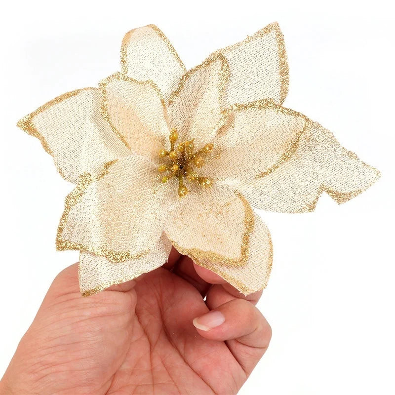 10Pcs Large Sequins Christmas Flower Glitter Poinsettia 5.5inch Artificial Flowers Christmas Tree Ornaments Home Decorations