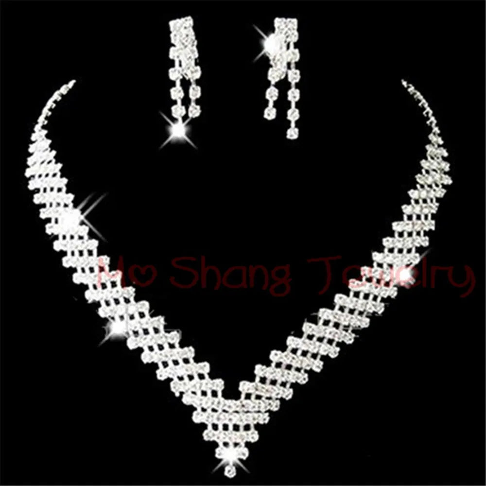 Rhinestone Crystal Silver Color Choker Necklace & Earrings for Women Rhinestone Statement Bridal Wedding Jewelry Sets Wholesale