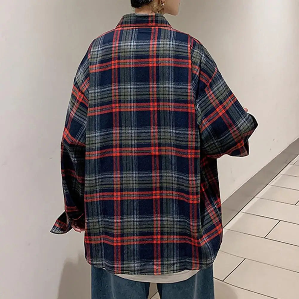 Men Plaid Shirt Check Shirts Men Plaid Long Sleeve Oversized Shirts Streetwear Cardigan Chest Pocket Loose Shirt Loose Plaid Top