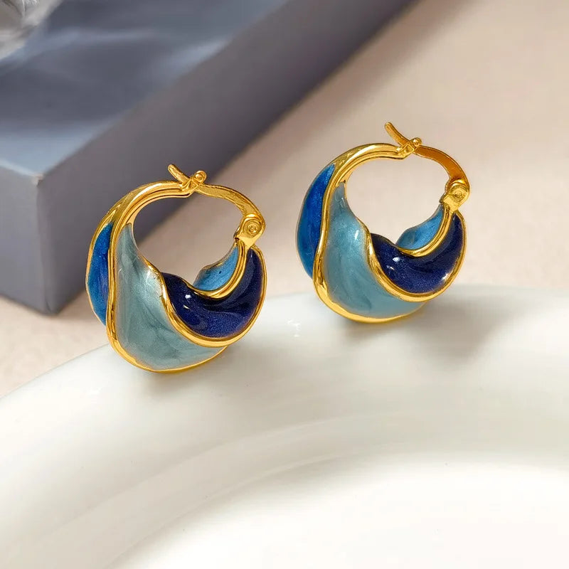 New Trendy Enamel Blue Color Metal Texture Small Hoop Earrings for Women Gold Plated Statement Ear Buckle Creative Jewelry Gifts