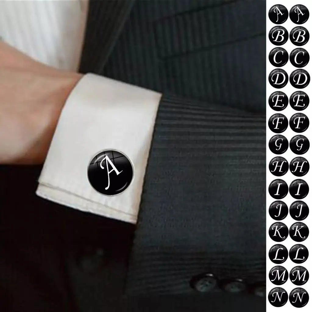 26 Alphabet Letters Print Personality Men Tie Clip & Cufflinks Set Shirt Suit Cuff Links Wedding Jewelry Fathers Day Gift