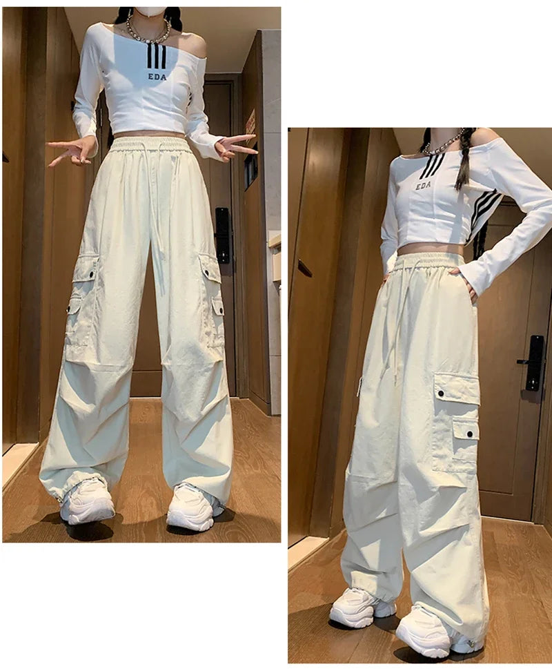 Y2K Cargo Pants Women Harajuku Oversized Sweatpants Black Pockets Wide Leg Joggers Streetwear High Waist Baggy Sports Trousers