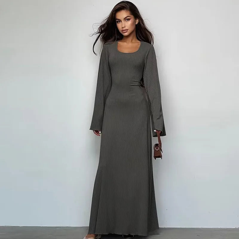 Fashionable Loose-Fit Long Sleeve Dress Women's Autumn 2024 U-Neck Back Strap Cross-Border European And American Style