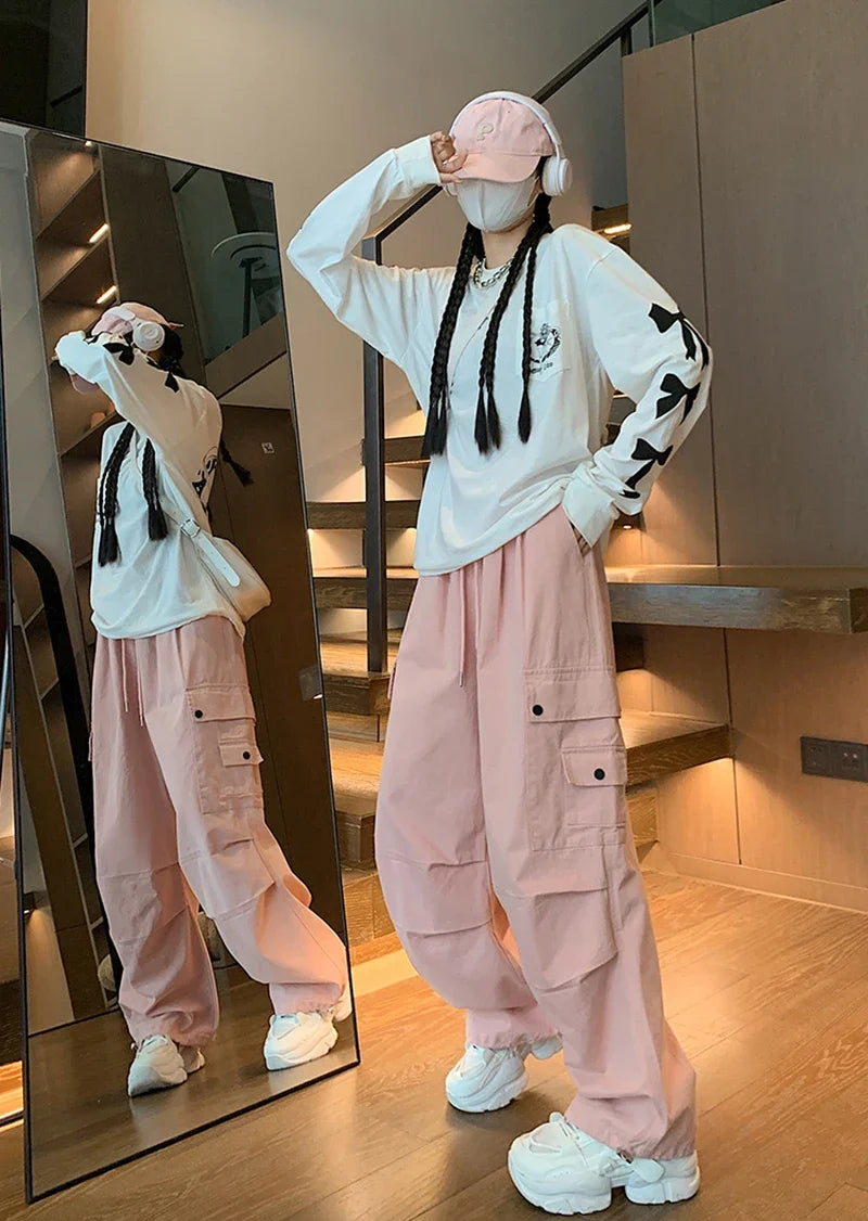 Y2K Cargo Pants Women Harajuku Oversized Sweatpants Black Pockets Wide Leg Joggers Streetwear High Waist Baggy Sports Trousers