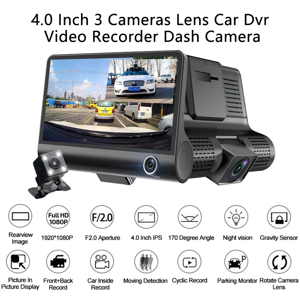 Car DVR 3 Cameras  4.0 Inches Dash Cam Car Video Recorder Auto Registrator Dvrs Dash Cam with 3 Ways Cameras