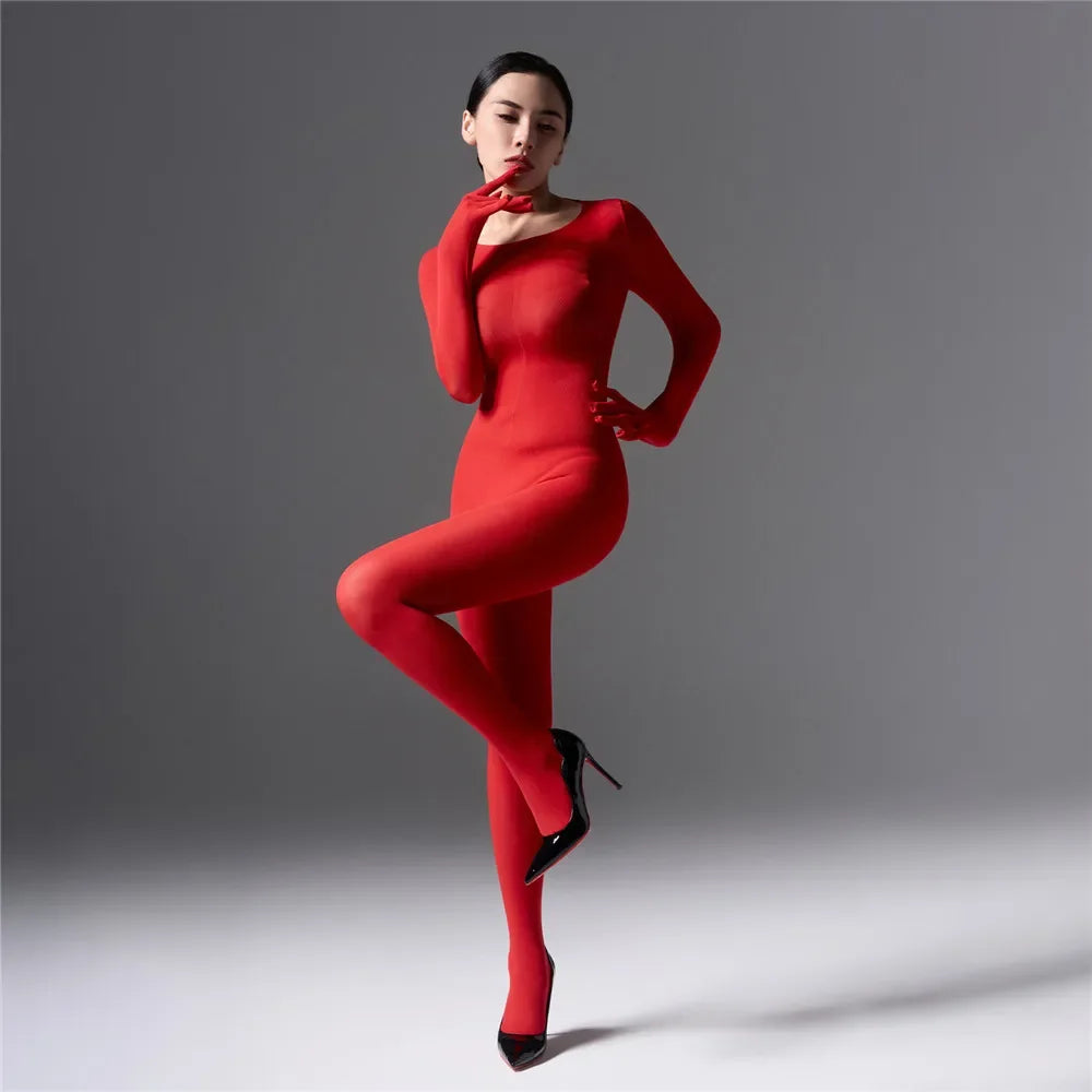 Women's Jumpsuit With Hooded High Elastic Unitard Oil  Shiny Glossy Sexy Bodysuit Five Finger Gloves Tights Skinny Shaper Wear