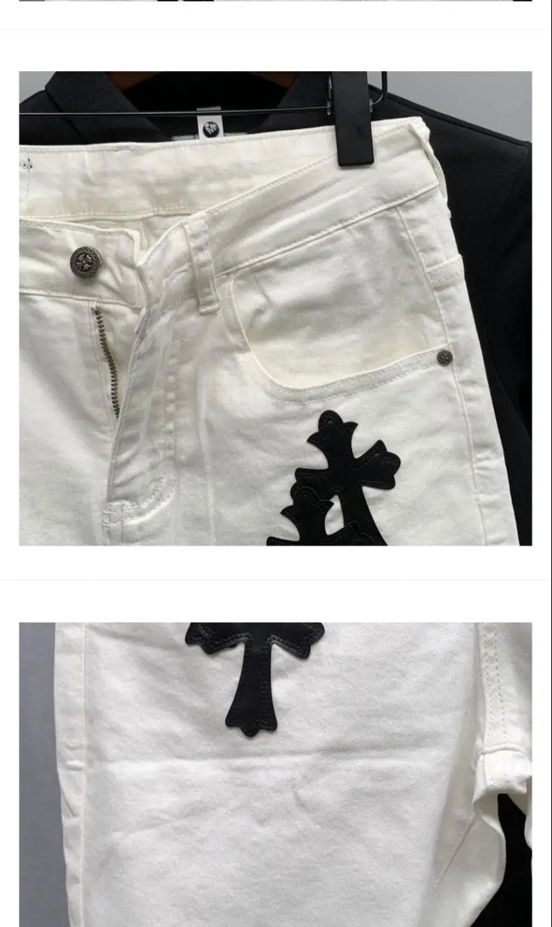 Summer Cotton Elastic Shorts Men's American Style Street Fashion Brand Embroidered White Denim Shorts For Men And Women