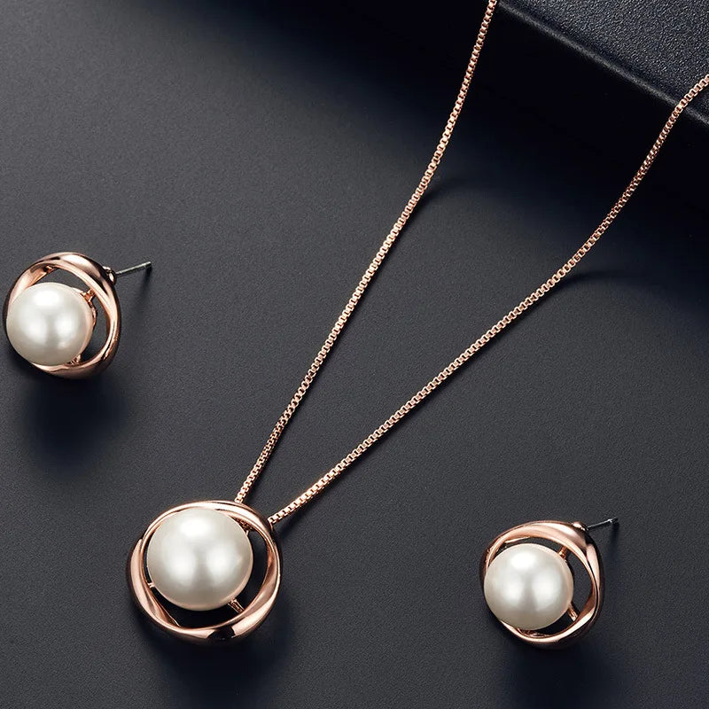 Luxury Square Crystal Necklace Earring Sets for Women Imitation Pearl Pendant Necklaces Stud Earrings Wedding Party Jewelry Gift