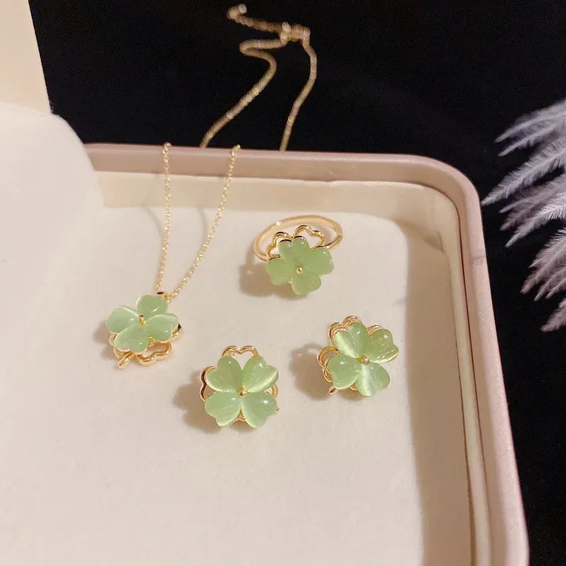 Fashion Classic Rotatable Rings Choker Green Clover Earrings Women Stainless Steel Earrings Pendant Jewelry Set for Women Gift