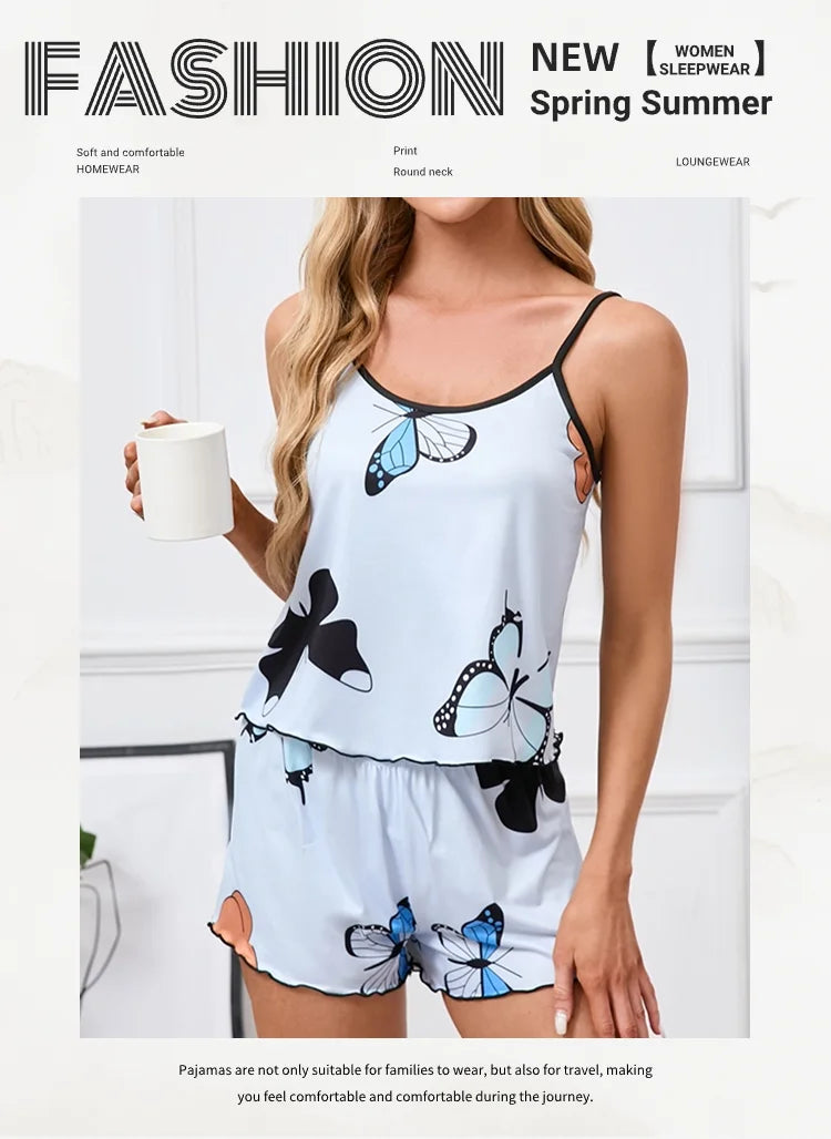 Women's Pajama Set Butterfly Print Sleepwear Summer Sleeveless Cami Tops & Shorts Pyjama Pjs Suit Soft  Home Clothes Loungewear