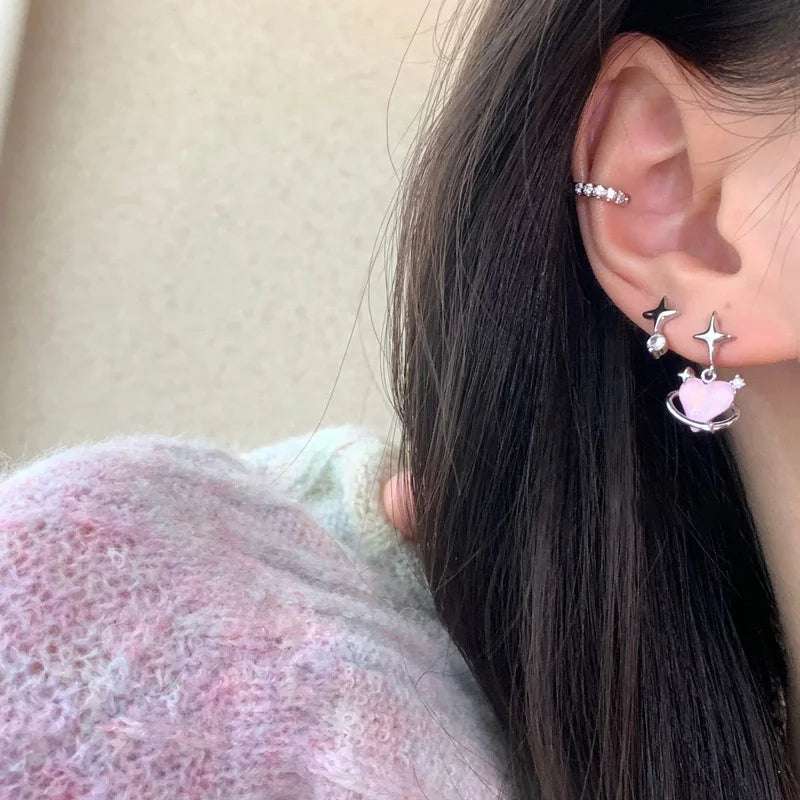 6pcs/set Women Silver Color Y2K Pink Crystal Heart Stud Earring Korean Trendy Punk Sweet Cool Bow Star Earring Aesthetic Jewelry