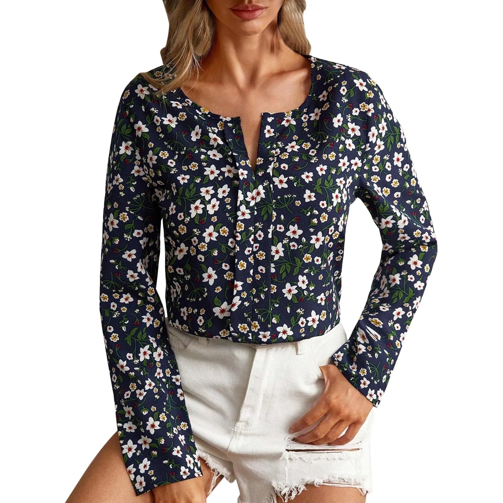 Women Shirts Dressy Casual Cotton 2023 Women Long Sleeve Unity Ditsy Floral Print Fold Pleated Detail Blouse قمصان وبلوزات