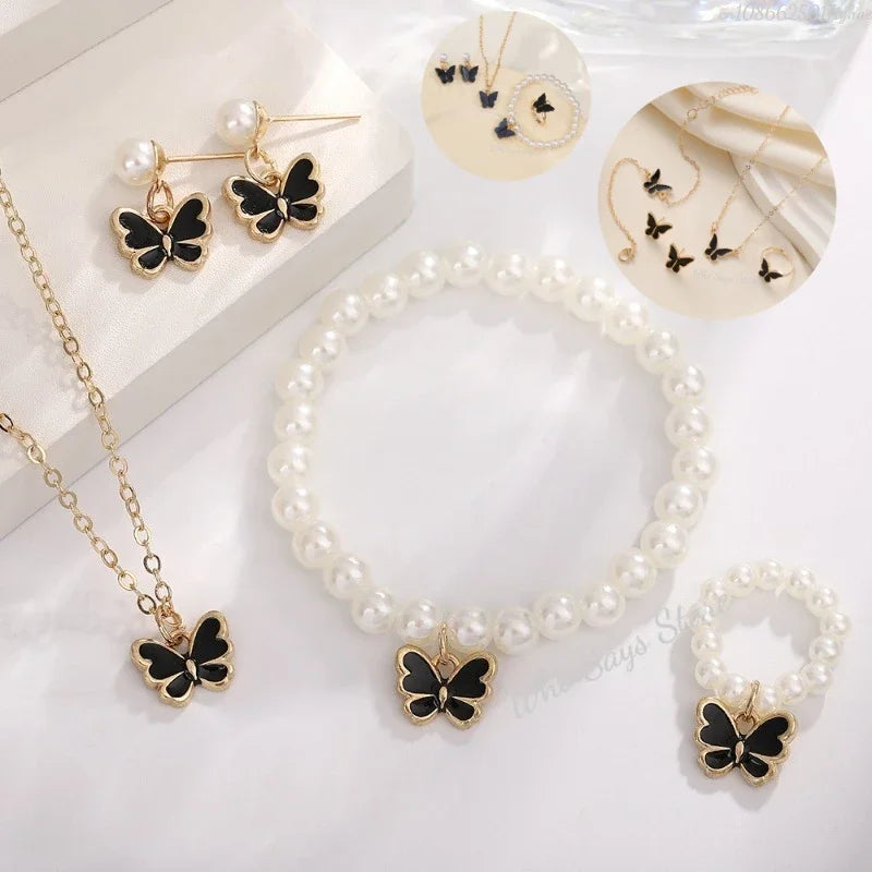 4pcs/Set Sweet Jewelry Set Butterfly Pendant Imitation Pearl Necklace for Women Pearl Earrings Girl Jewellery Women Gift