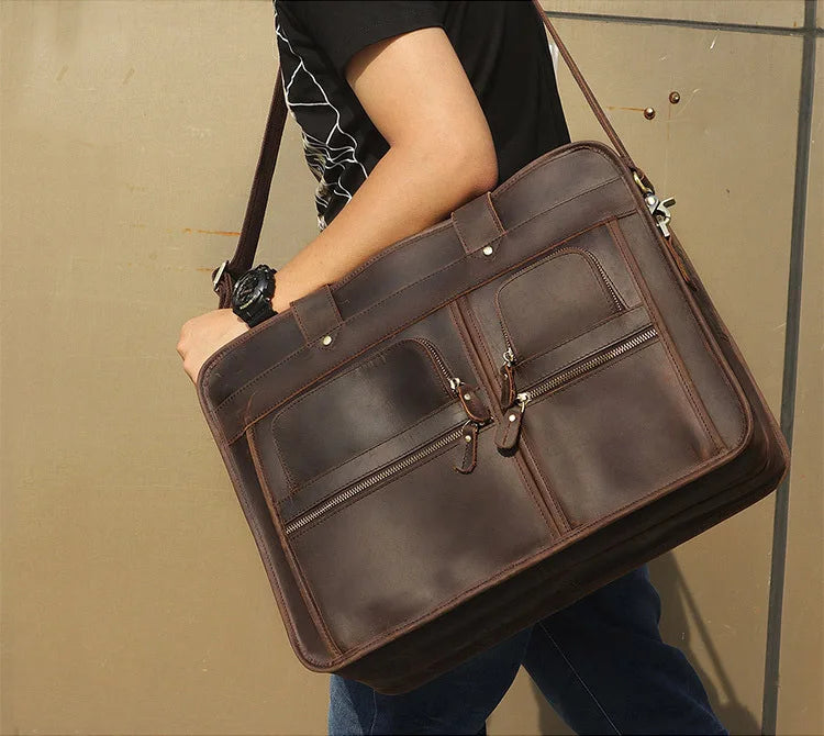 17.3 Inch Laptop Briefcase Genuien Leather Laptop Bag Business Travel Tote Bags Handbags For Men Male Large Brief Case Bag Retro