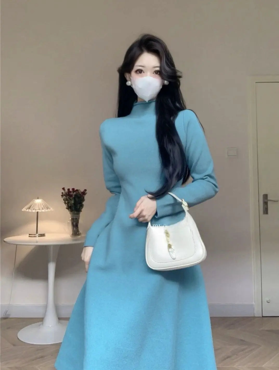 Solid Half High Collar Long Sleeve Jersey Dress Loose Casual Sweat All Match A-line Skirt Elegant Fashion Harajuku Wool Dress