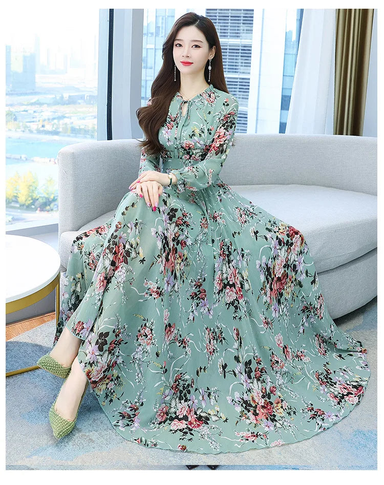 Spicy Mom Dress Chiffon Moms Korean Edition New Autumn and Winter Fragmented Flower Long Style New Long sleeved Medium Long UAFP