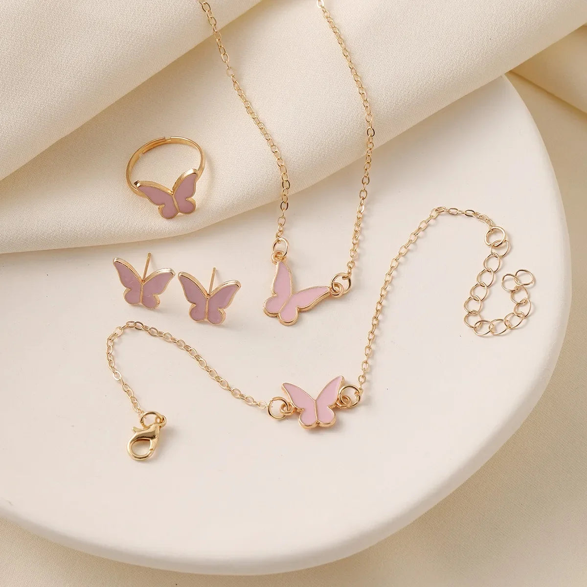 5PCS Enamel Colorful Butterfly Pendant Necklace for Women Girls Wedding Party Jewelry Set Chain Bracelet Stud Earrings Ring