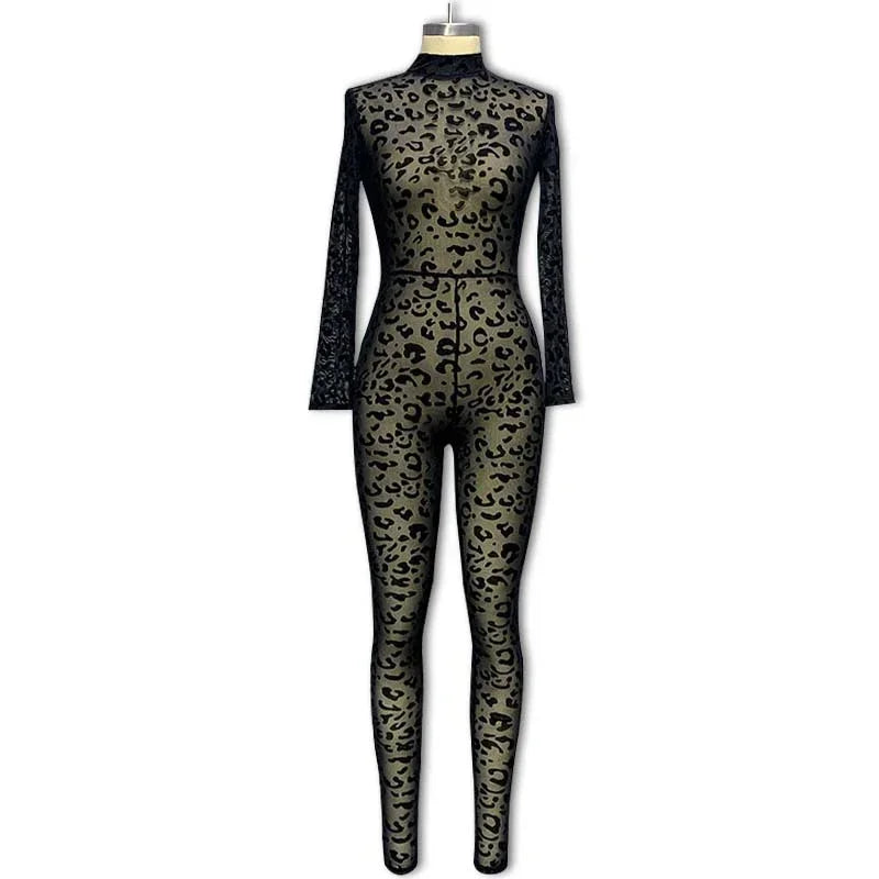 QNQO Jump Suits for Women Leopard Sexy Spice Girl Slim Bodysuit 2024 New Streetwear Fashion Hollow Out Long Sleeve Jumpsuits