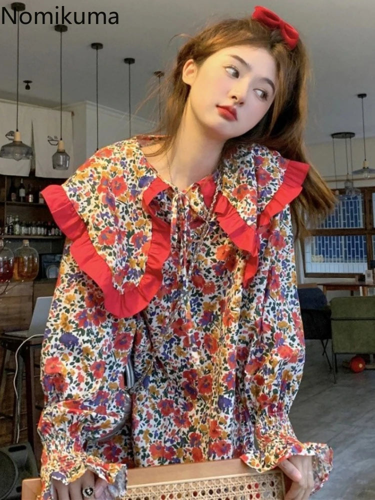 Korean Oversized Tops Floral Sweet Blouses 2024 Women Clothing Peter Pan Collar Long Sleeve Shirts Vintage Ruffles Chic Blouses