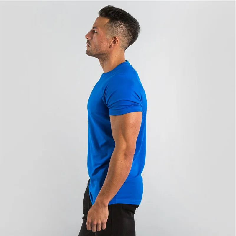 Cotton Plain Tops Tees Fitness Mens T Shirt Short Sleeve Muscle Joggers Bodybuilding Tshirt Male Gym Clothes Slim Fit Shirt