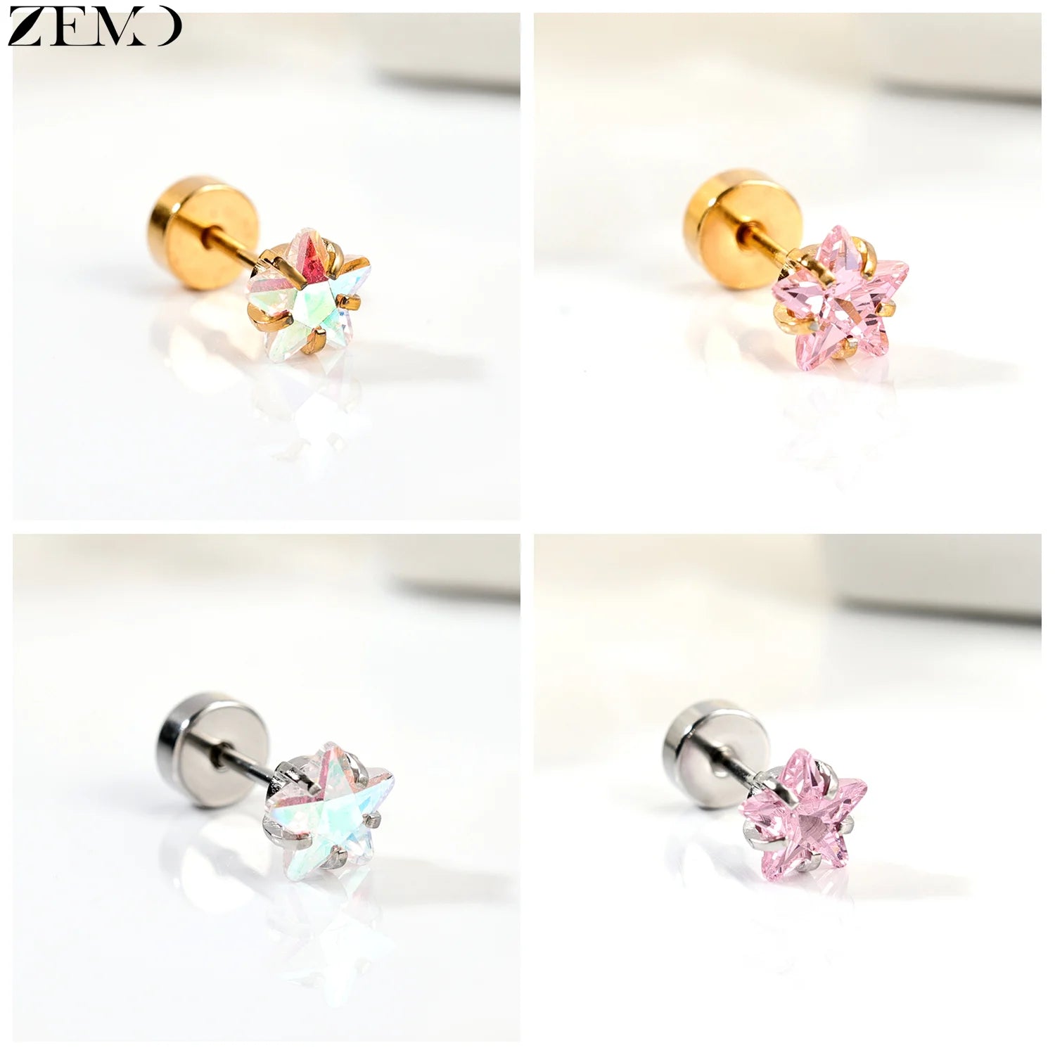 ZEMO 1 Piece 20G Stainless Steel Stud Earrings Women Girls CZ Crystal Ear Studs Flat Back Flower Heart Helix Cartilage Piercings