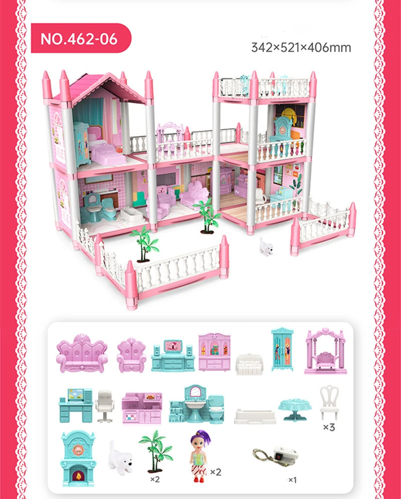 3D DIY Dream Princess Castle Villa Assembly Doll House Set Toy Girl Family Toy Children's Music Doll House Assembly Villa House