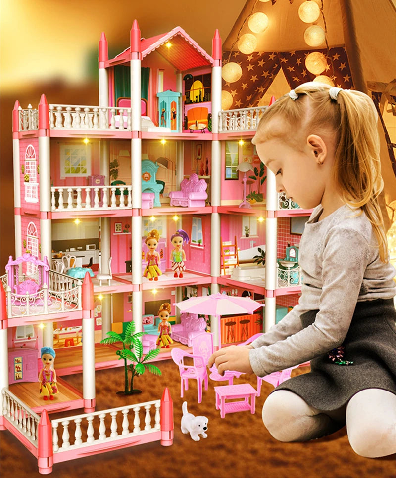 3D DIY Assembly Doll House Fantasy Princess Castle Villa Set Toys Girl Family Toys Children's Music Doll House Assembly Villa