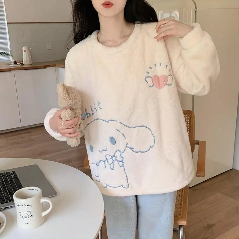 Cute Cinnamoroll Winter Pajamas Suit Sanrioed Anime Kawaii Cartoon Plush Homewear with Chest Pad Women Flannel Warm Nightwear