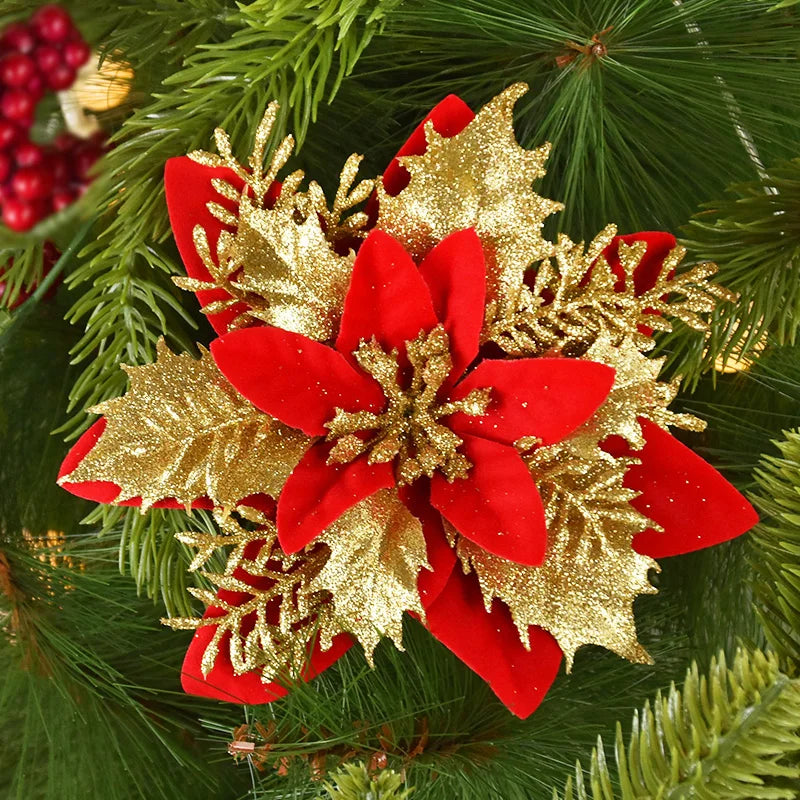 3/10pcs 14cm Christmas Flowers Glitter Red Gold Flower Head Xmas Tree Ornament New Year Decorations for Home Navidad Noel Gifts