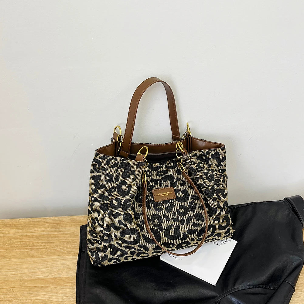 Women Shoulder Bag Leopard Print Canvas Handbag Multi-Pockets Underarm Bag for School Work Shopping