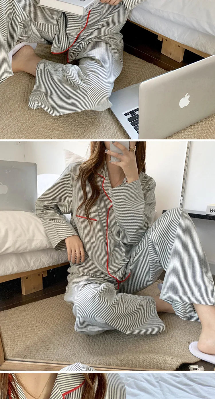 Korean Fashion Striped Leisure Wear Pajama 2 Piece Set Women Nightgown Cosplay Sexy Pajama 2024 New Autumn Winter Pajama Sets