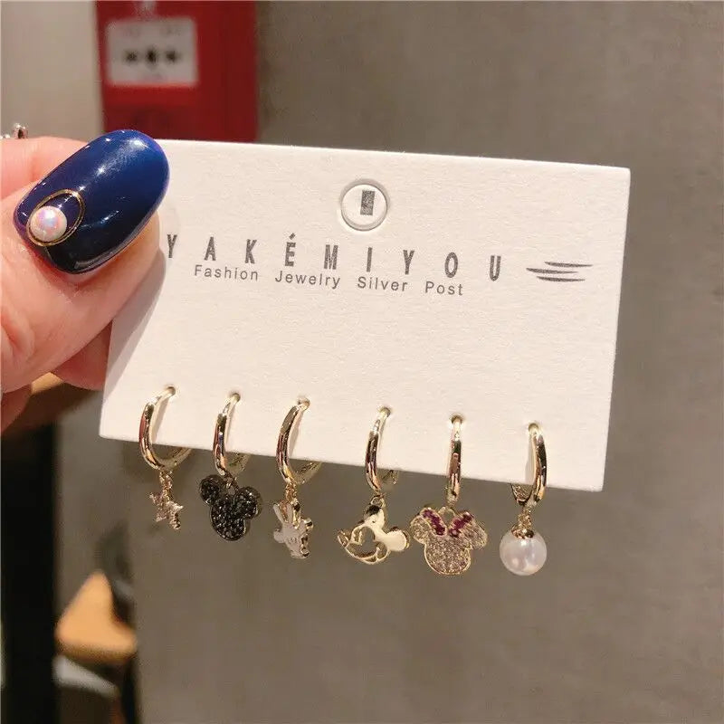 6PCS/Set Disney Mickey Mouse Earrings for Women Girl Anime Jewelry Accessor Asymmetrical Fashion Stud Earring Kids Birthday Gift