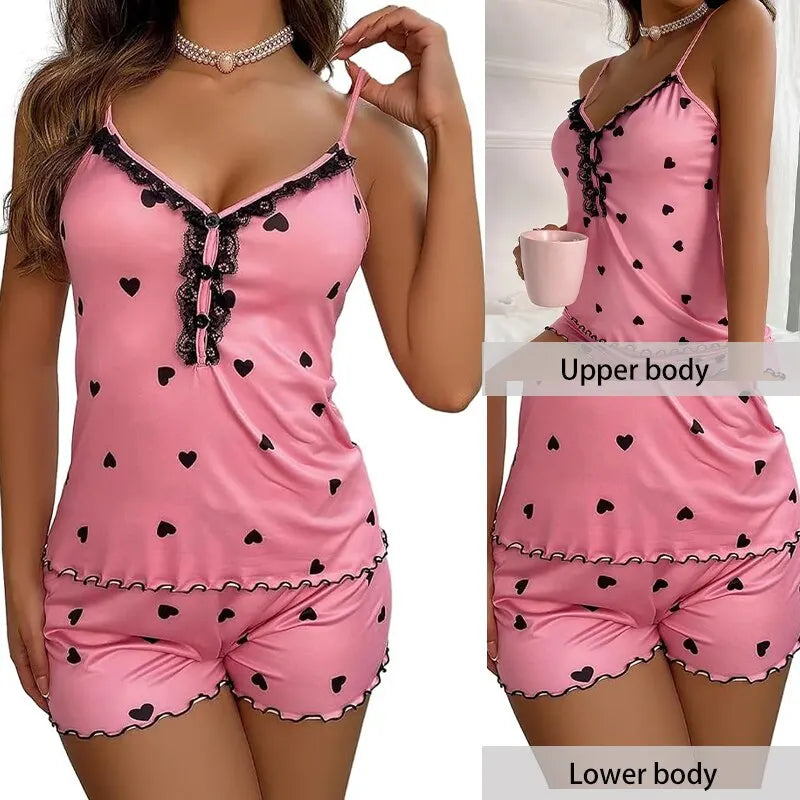 Sexy Summer Two Pieces Women Pajamas Set Deep V-Neck Tops And Shorts Pajama Suit Ladies Sleeveless Nightwear For Female