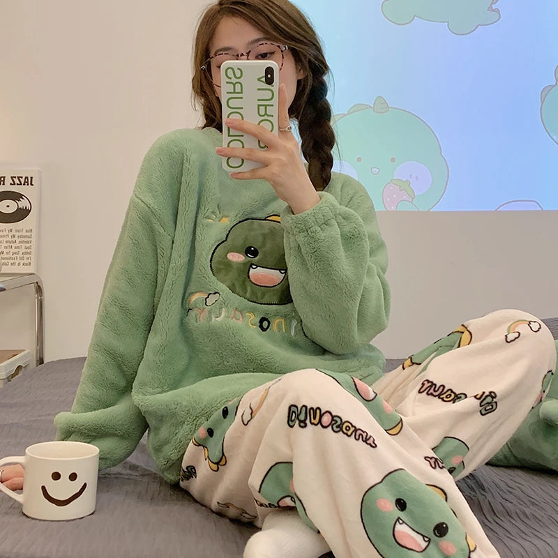 Winter New Flannel Sleepwear Thickening Round Neck Long Sleeve Women's 2 Pieces Set Cute Dinosaur Printing Home Suit for Women