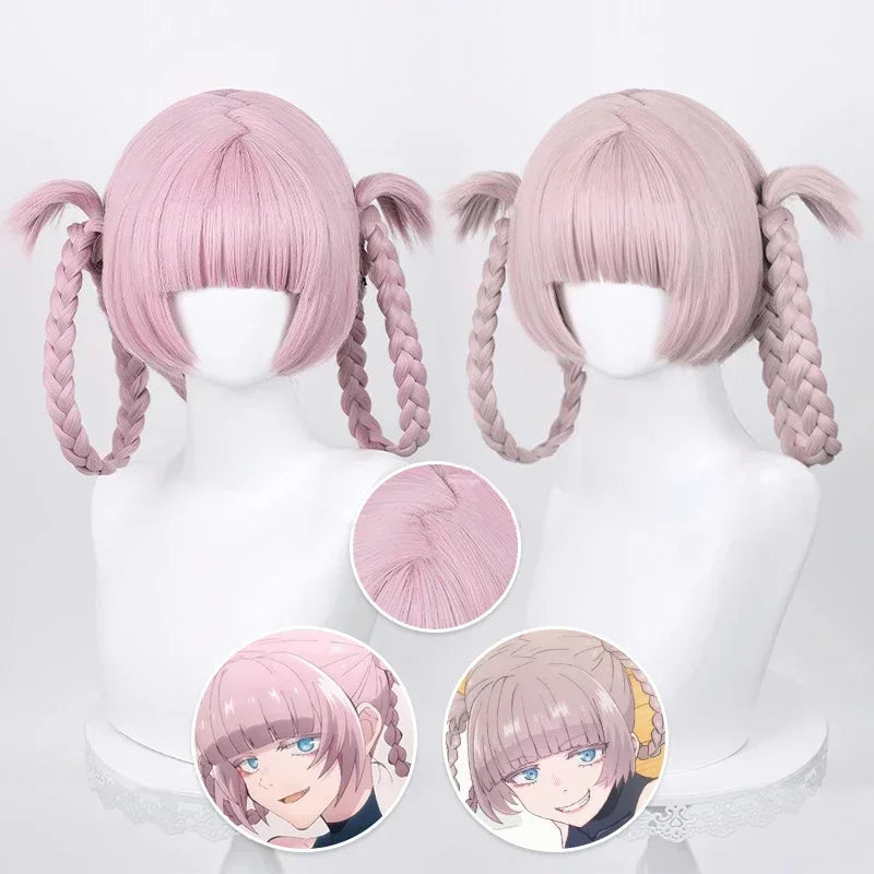 .Anime Call of the Night Nanakusa Nazuna Cosplay Wig Pink With Double Braid Yofukashi no Uta Nanakusa Nazuna Grayish Wigs