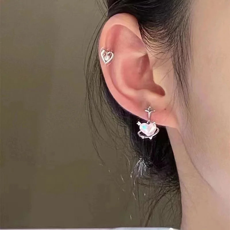 6pcs/set Women Silver Color Y2K Pink Crystal Heart Stud Earring Korean Trendy Punk Sweet Cool Bow Star Earring Aesthetic Jewelry