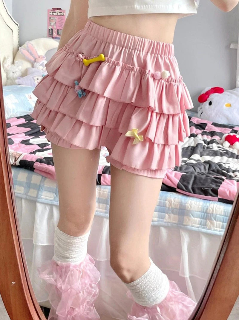 MEXZT Y2K Sweet Ruffles Mini Skirt Women Kawaii Lolita Bow A Line Skirts Harajuku Japanese High Waist Pink White Ball Gown Skirt