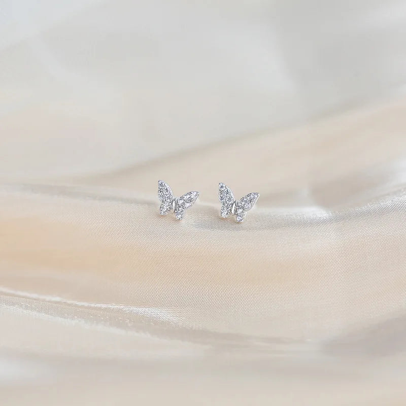 Silver Plated Ear Hypoallergenic Romantic Zircon Flower Butterfly Stud Earrings Piercing for Women Teen Jewelry Accessories